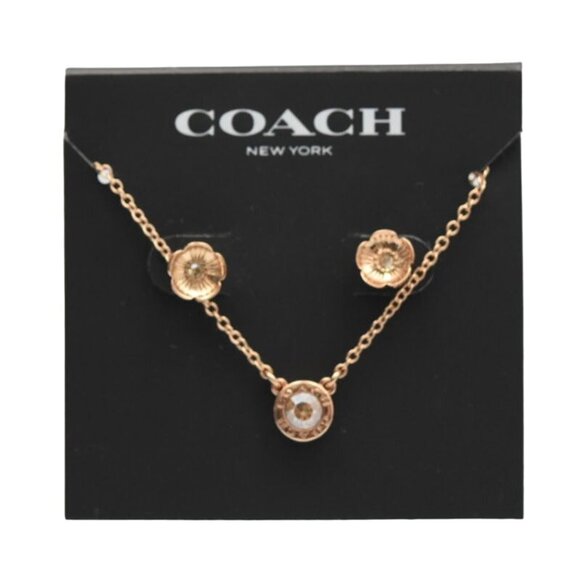 Coach Rose Gold Tone Necklace Flower Earring Set With Gift Pouch - Picture 2 of 7